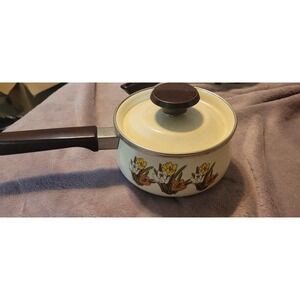 Vintage Enamelware Saucepan with Lid Retro Floral Crocus Pattern Cream Brown 70s